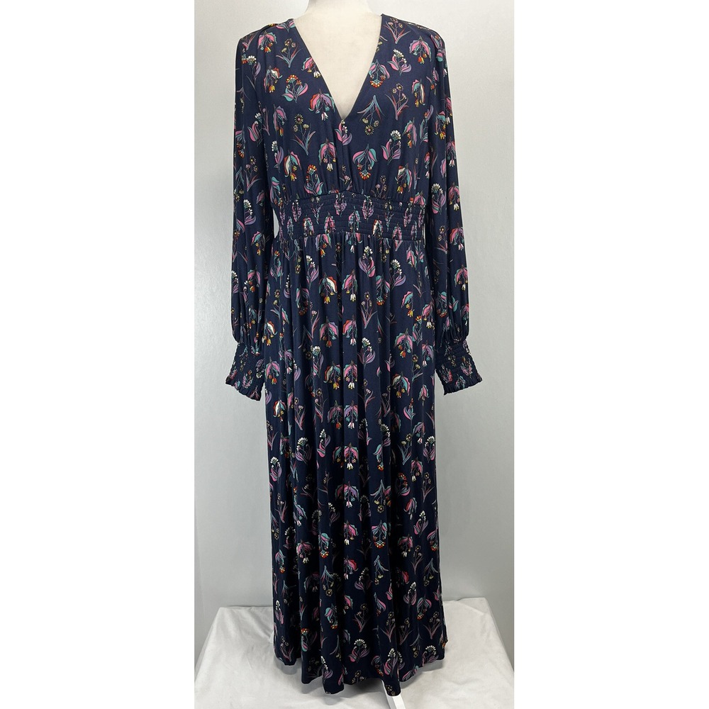 NEW! Boden Smocked Jersey Midi Dress Sz 12 Long Tall Vneck Balloon Sleeve